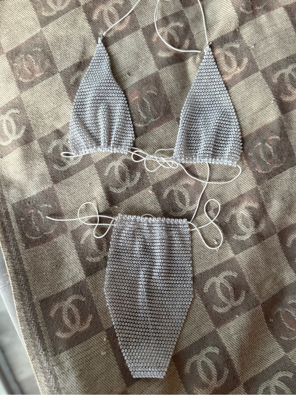 White Rhinestone Triangle Bikini Set Sparkly Tie Side Swimsuit Festival Rave